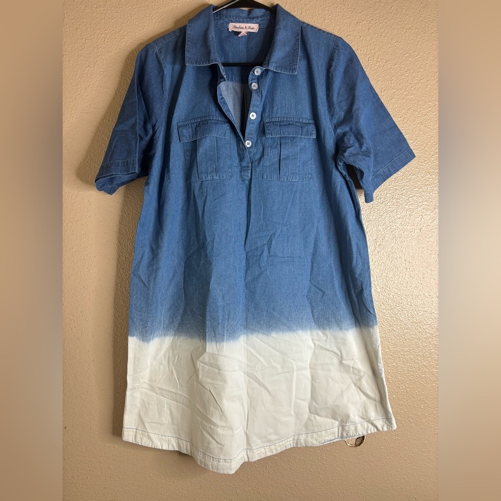 Harlow & Rose Blue Chambray Ombré Collared Shirt Dress Size Large